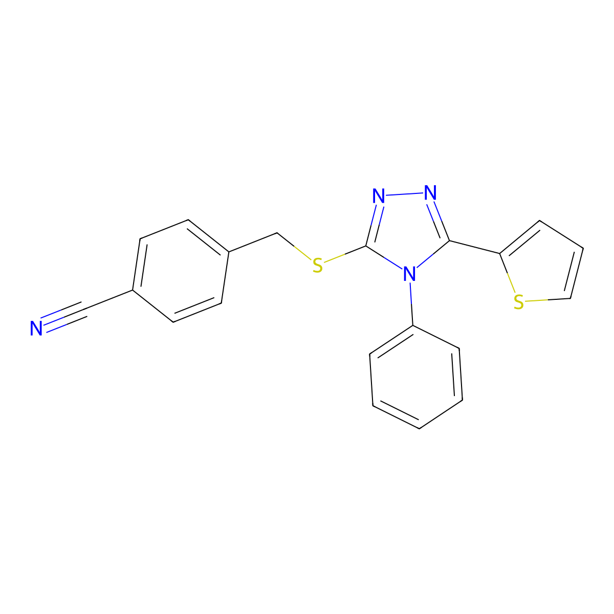 4-[(4-Phenyl-5-thiophen-2-yl-1,2,4-triazol-3-yl)sulfanylmethyl]benzonitrile molecular structure, CAS 453528-32-0