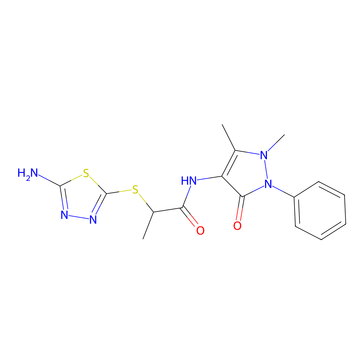 2-[(5-amino-1,3,4-thiadiazol-2-yl)sulfanyl]-N-(1,5-dimethyl-3-oxo-2-phenyl-2,3-dihydro-1H-pyrazol-4-yl)propanamide molecular structure, CAS 453555-03-8