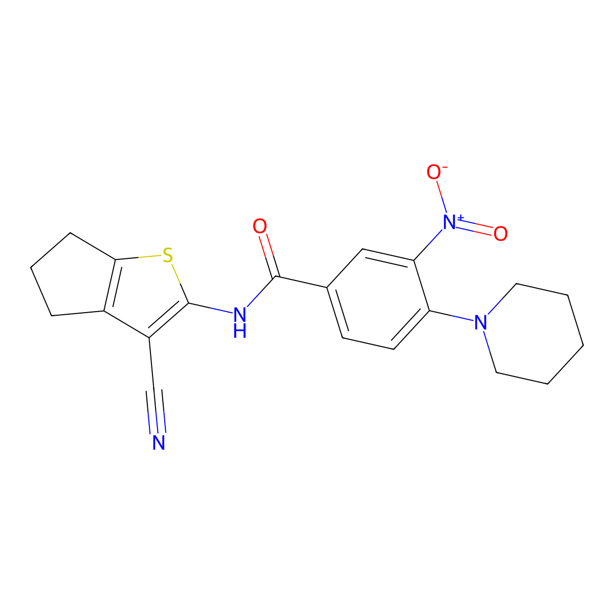 N-(3-cyano-5,6-dihydro-4H-cyclopenta[b]thiophen-2-yl)-3-nitro-4-piperidin-1-ylbenzamide molecular structure, CAS 453580-11-5