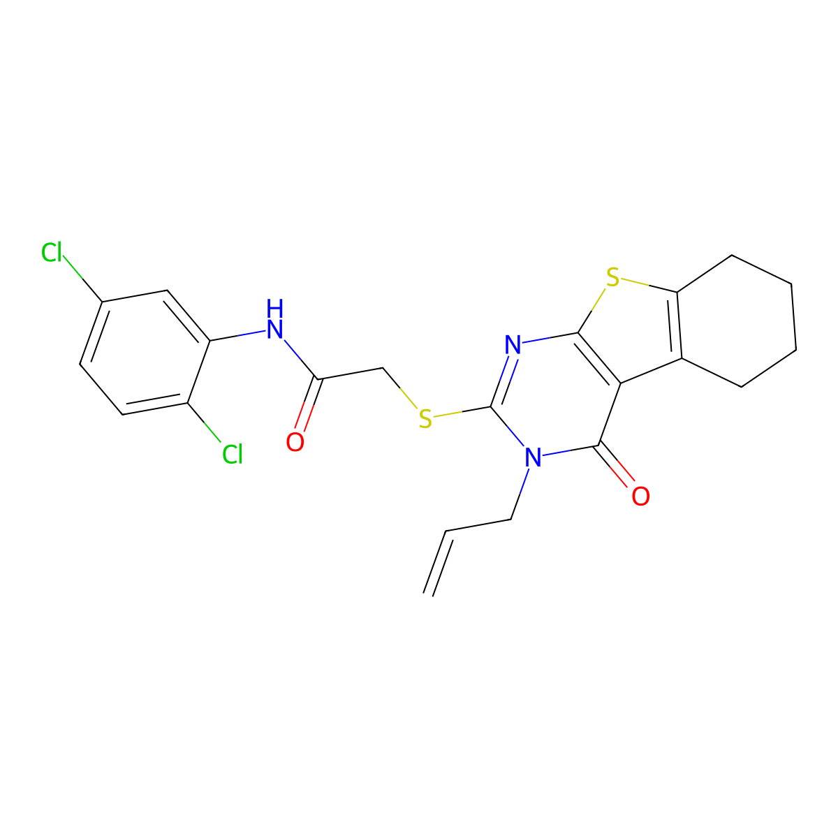 N-(2,5-dichlorophenyl)-2-(4-oxo-3-prop-2-enyl(3,5,6,7,8-pentahydrobenzo[b]thio pheno[2,3-d]pyrimidin-2-ylthio))acetamide molecular structure, CAS 453581-39-0