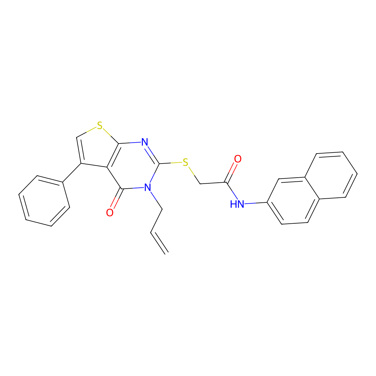 N-(naphthalen-2-yl)-2-{[4-oxo-5-phenyl-3-(prop-2-en-1-yl)-3H,4H-thieno[2,3-d]pyrimidin-2-yl]sulfanyl}acetamide molecular structure, CAS 453583-28-3