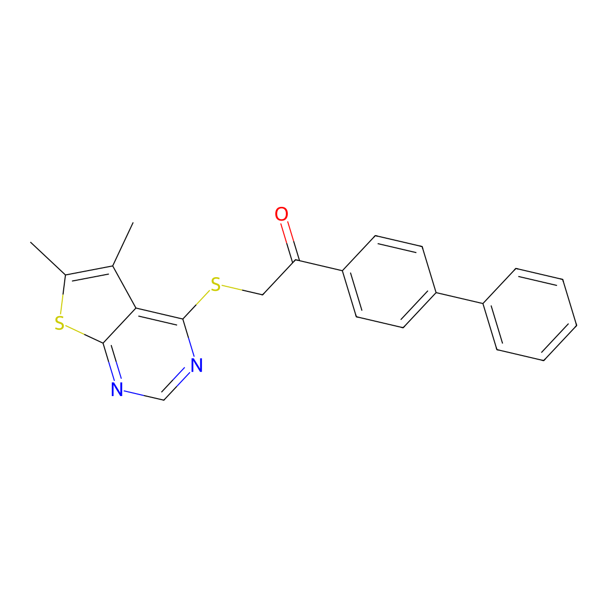 1-([1,1'-Biphenyl]-4-yl)-2-((5,6-dimethylthieno[2,3-d]pyrimidin-4-yl)thio)ethanone molecular structure, CAS 453583-43-2