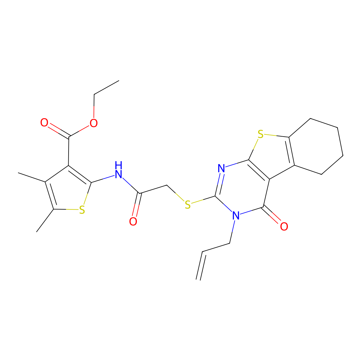Ethyl 4,5-dimethyl-2-[[2-[(4-oxo-3-prop-2-enyl-5,6,7,8-tetrahydro-[1]benzothiolo[2,3-d]pyrimidin-2-yl)sulfanyl]acetyl]amino]thiophene-3-carboxylate molecular structure, CAS 453584-38-8