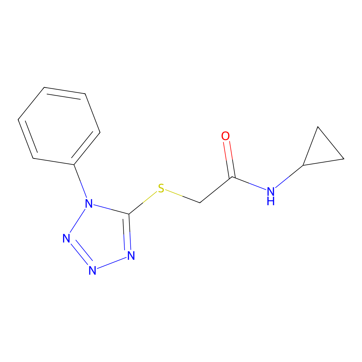 N-cyclopropyl-2-(1-phenyltetrazol-5-yl)sulfanylacetamide molecular structure, CAS 454176-96-6