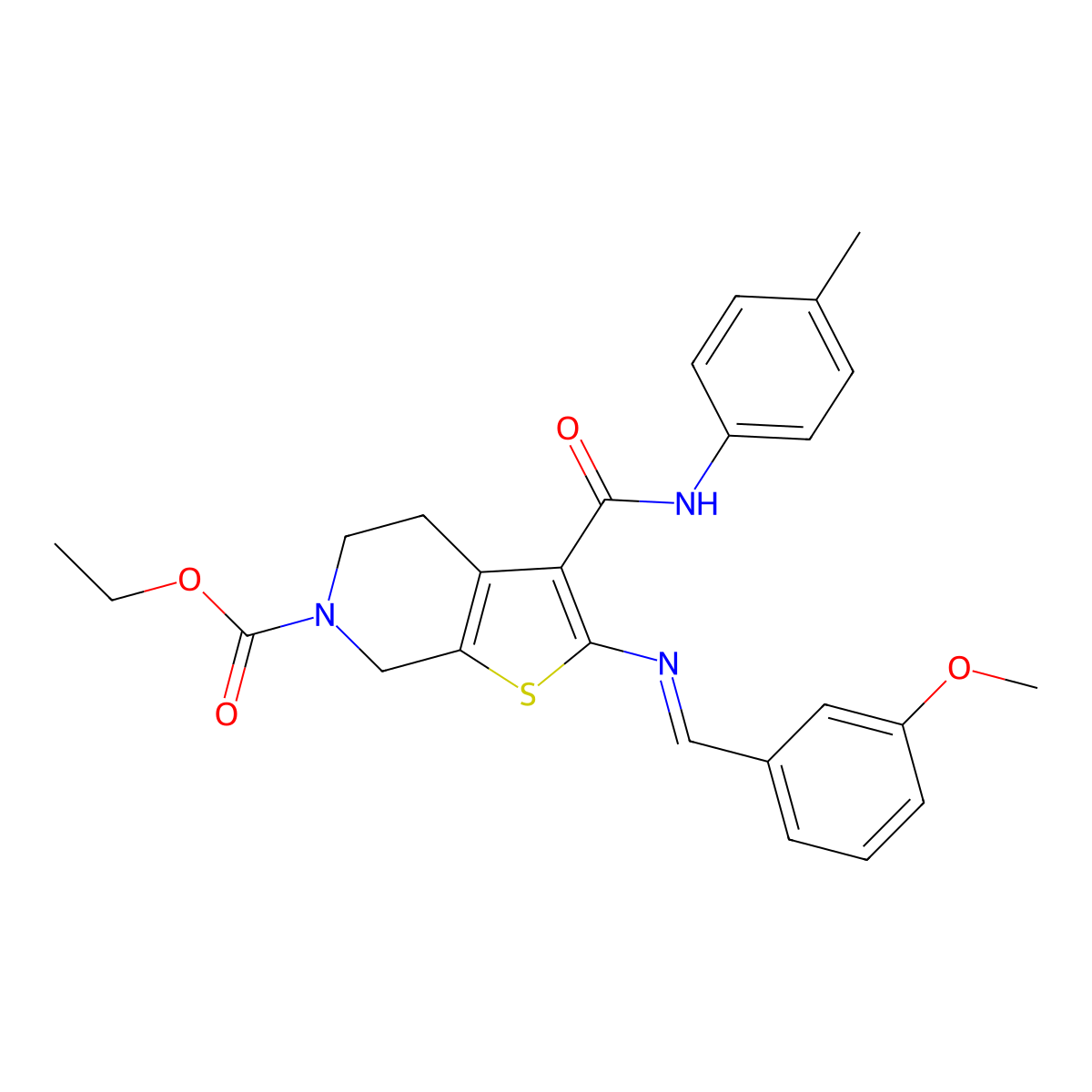 ethyl 2-[(3-methoxyphenyl)methylideneamino]-3-[(4-methylphenyl)carbamoyl]-5,7-dihydro-4H-thieno[2,3-c]pyridine-6-carboxylate molecular structure, CAS 4546-94-5