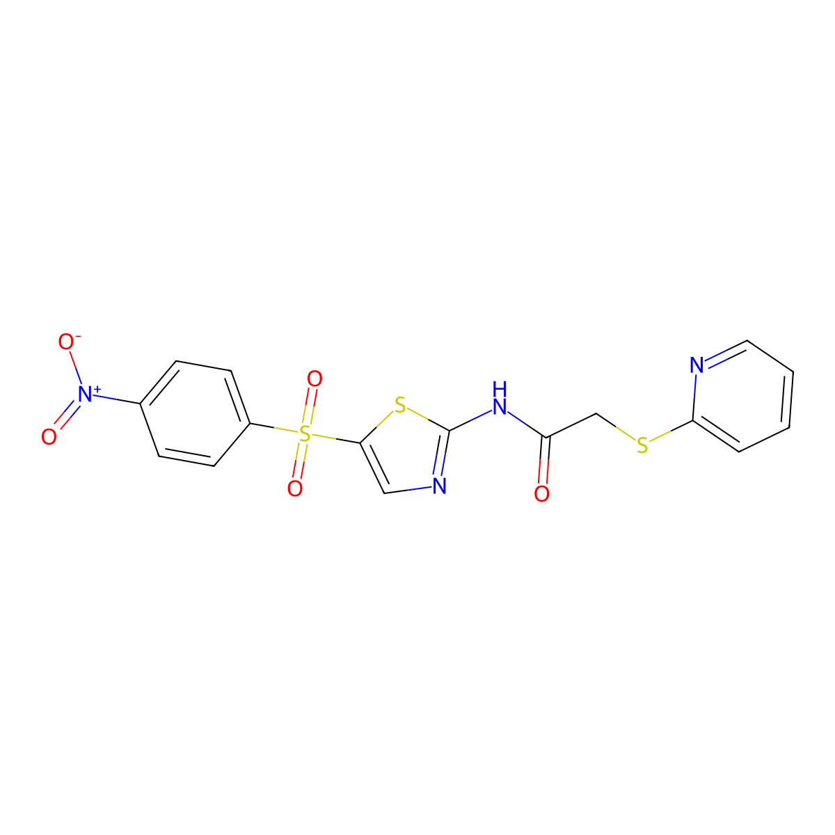 N-[5-(4-nitrophenyl)sulfonyl-1,3-thiazol-2-yl]-2-pyridin-2-ylsulfanylacetamide molecular structure, CAS 454680-29-6