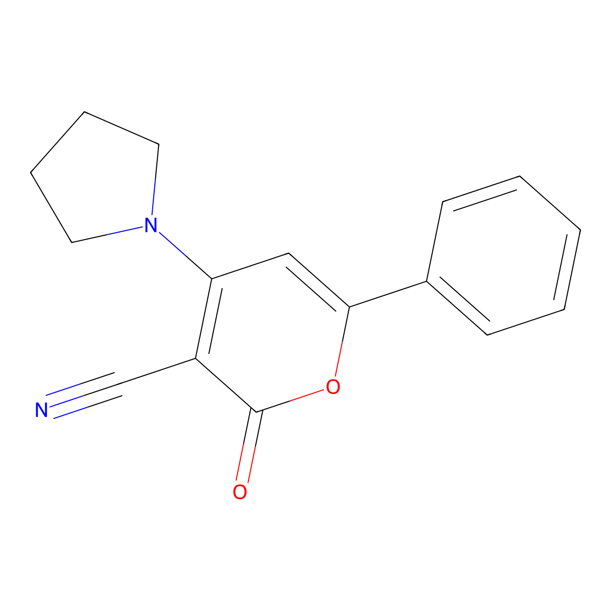 2H-Pyran-3-carbonitrile, 2-oxo-6-phenyl-4-(1-pyrrolidinyl)- molecular structure, CAS 454703-31-2