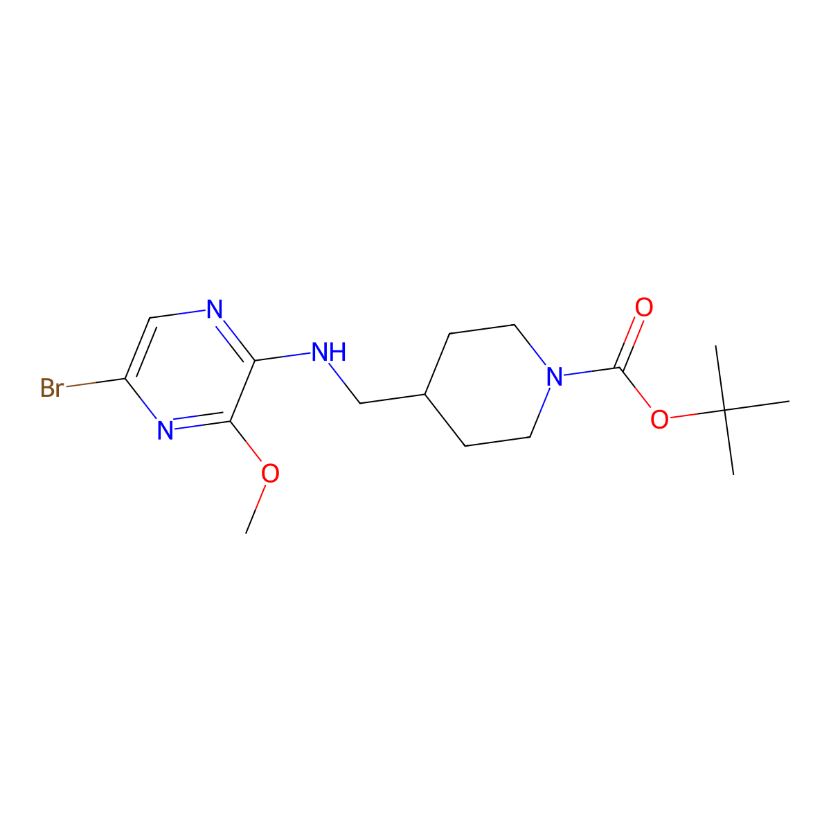 4-[(5-Bromo-3-methoxy-pyrazin-2-ylamino)-methyl]-piperidine-1-carboxylic acid tert-butyl ester molecular structure, CAS 455267-49-9