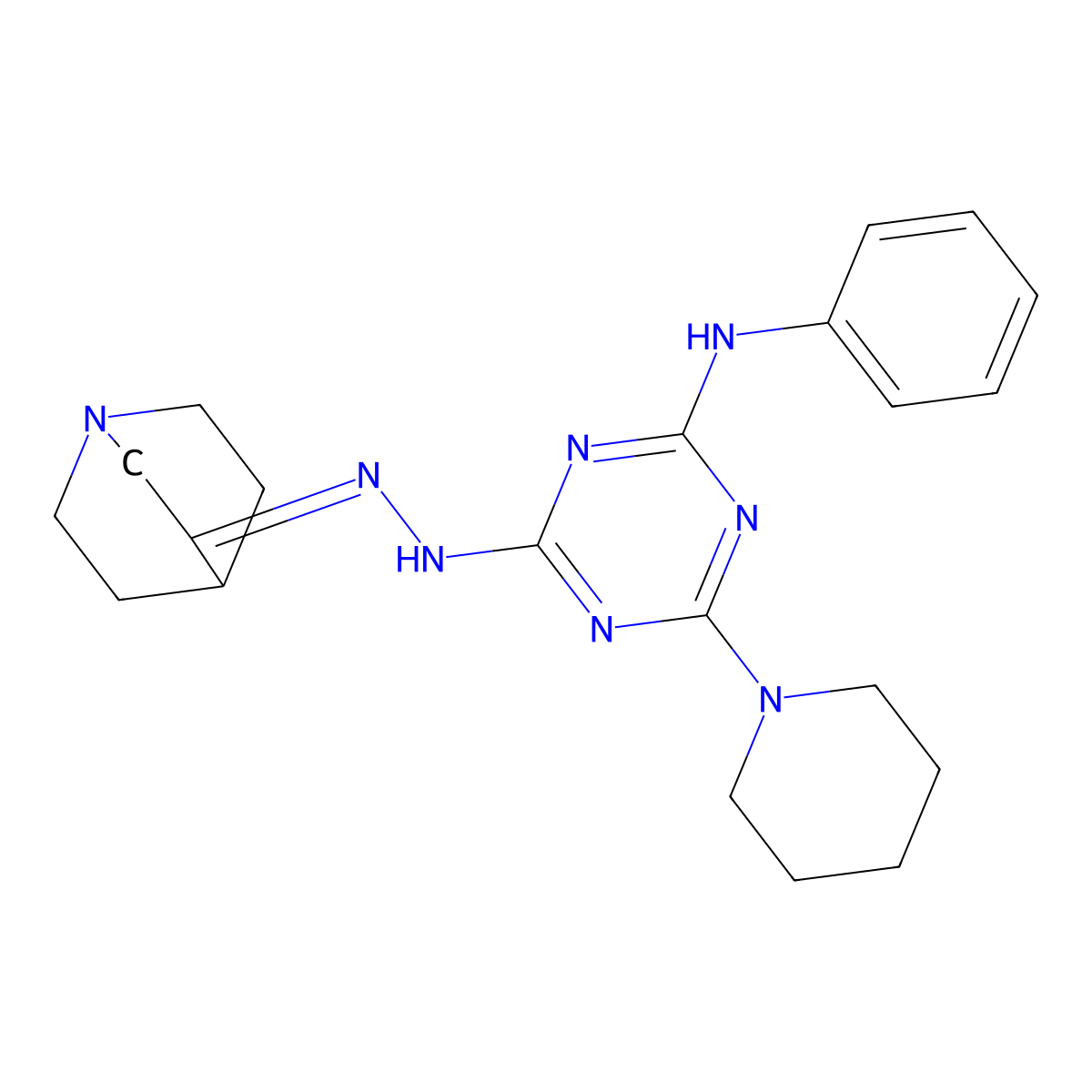 2-N-[(E)-1-azabicyclo[2.2.2]octan-3-ylideneamino]-4-N-phenyl-6-piperidin-1-yl-1,3,5-triazine-2,4-diamine molecular structure, CAS 455325-51-6