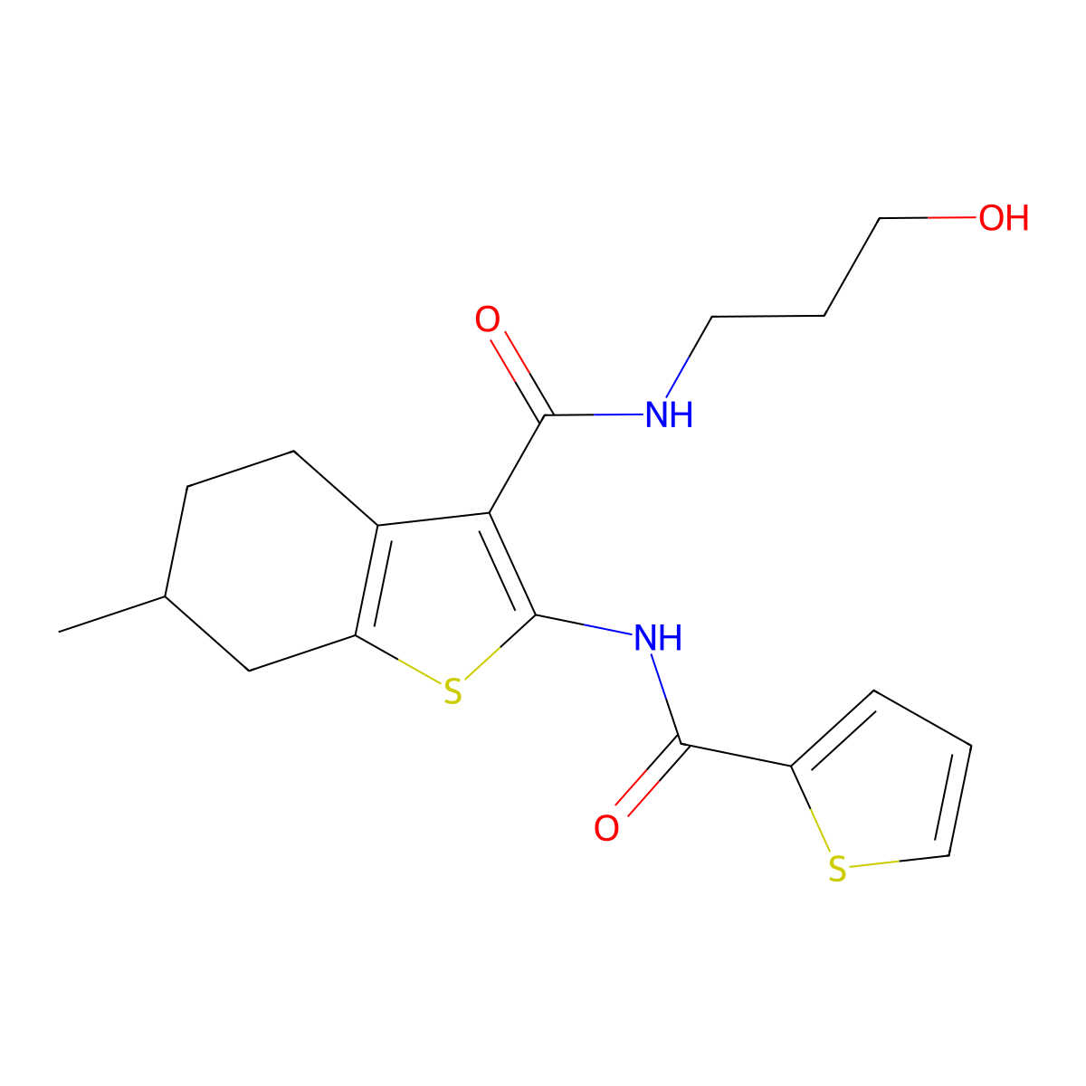 N-(3-hydroxypropyl)-6-methyl-2-(thiophene-2-carbonylamino)-4,5,6,7-tetrahydro-1-benzothiophene-3-carboxamide molecular structure, CAS 455898-18-7