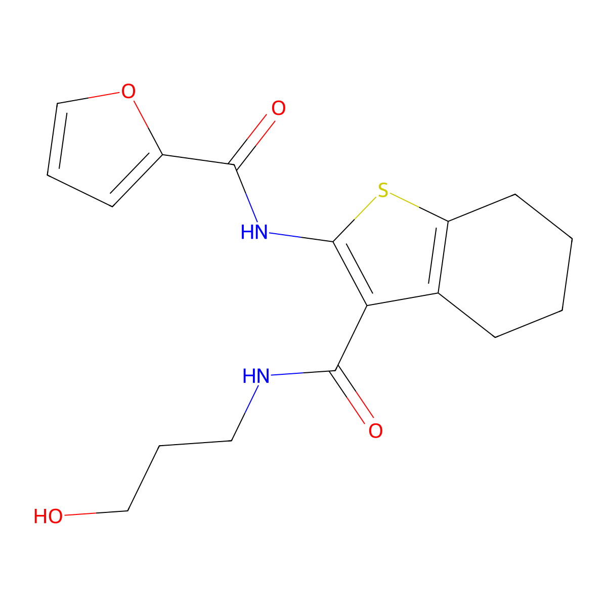 N-{3-[(3-hydroxypropyl)carbamoyl]-4,5,6,7-tetrahydro-1-benzothiophen-2-yl}furan-2-carboxamide molecular structure, CAS 455918-22-6
