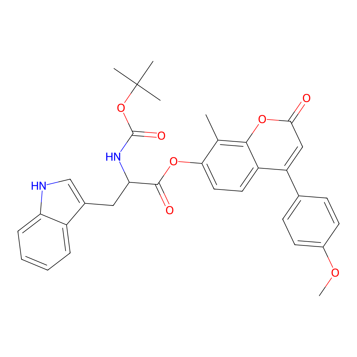[4-(4-methoxyphenyl)-8-methyl-2-oxochromen-7-yl] 3-(1H-indol-3-yl)-2-[(2-methylpropan-2-yl)oxycarbonylamino]propanoate molecular structure, CAS 4568-88-1