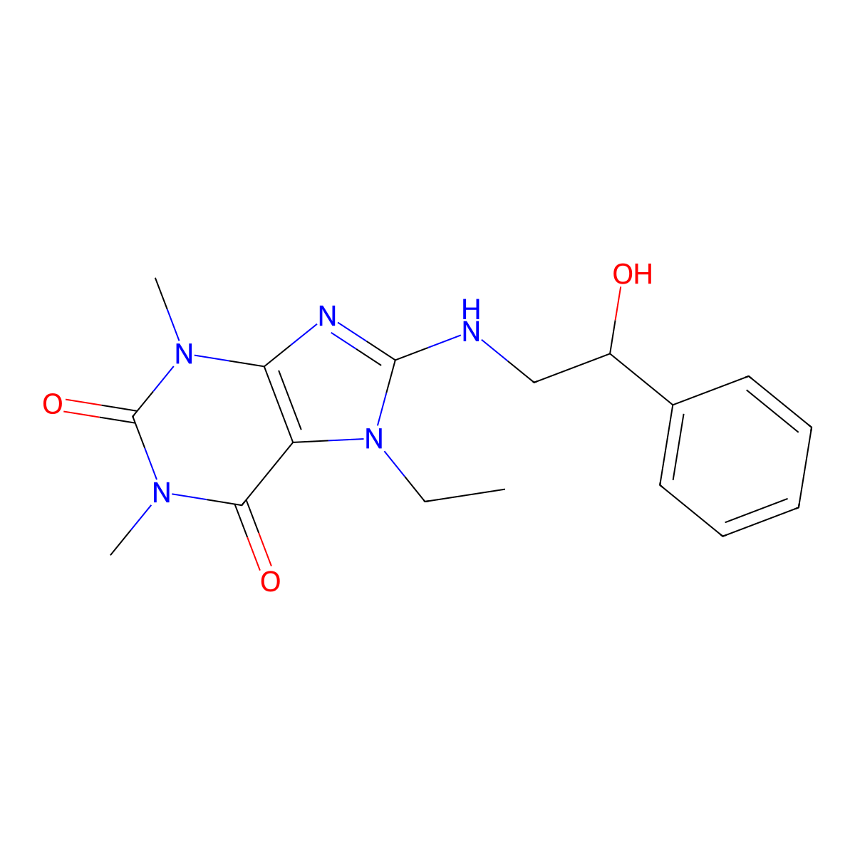 7-ethyl-8-[(2-hydroxy-2-phenylethyl)amino]-1,3-dimethyl-3,7-dihydro-1H-purine-2,6-dione molecular structure, CAS 4574-43-0