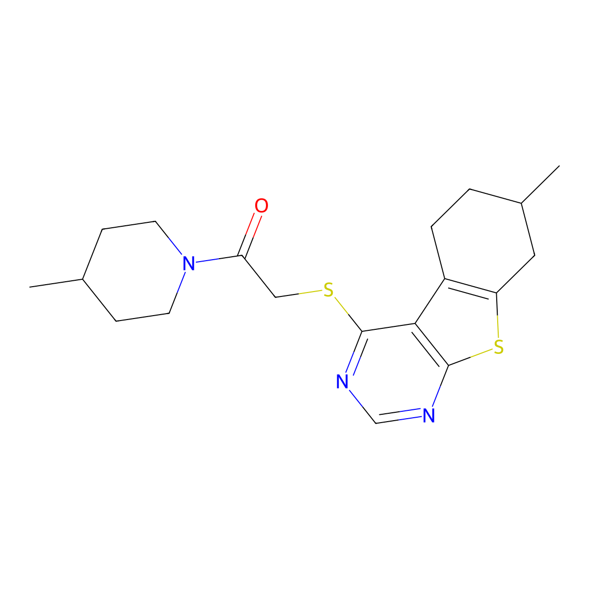 1-(4-Methylpiperidin-1-yl)-2-[(7-methyl-5,6,7,8-tetrahydro-[1]benzothiolo[2,3-d]pyrimidin-4-yl)sulfanyl]ethanone molecular structure, CAS 457640-39-0