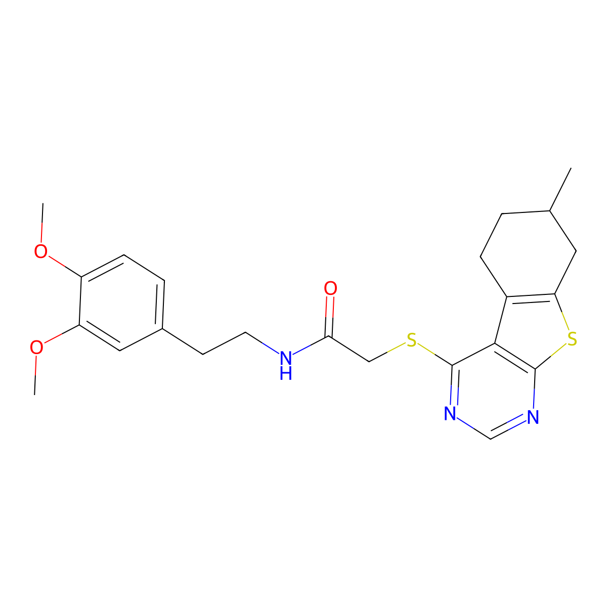 N-[2-(3,4-dimethoxyphenyl)ethyl]-2-[(7-methyl-5,6,7,8-tetrahydro-[1]benzothiolo[2,3-d]pyrimidin-4-yl)sulfanyl]acetamide molecular structure, CAS 457640-44-7