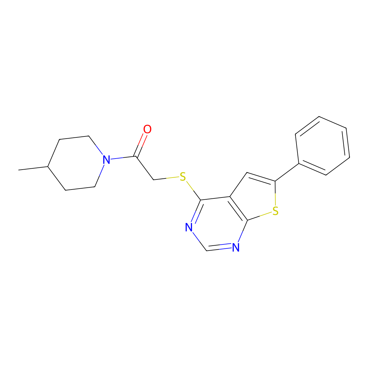 1-(4-Methylpiperidin-1-yl)-2-[(6-phenylthieno[2,3-d]pyrimidin-4-yl)sulfanyl]ethanone molecular structure, CAS 457641-71-3