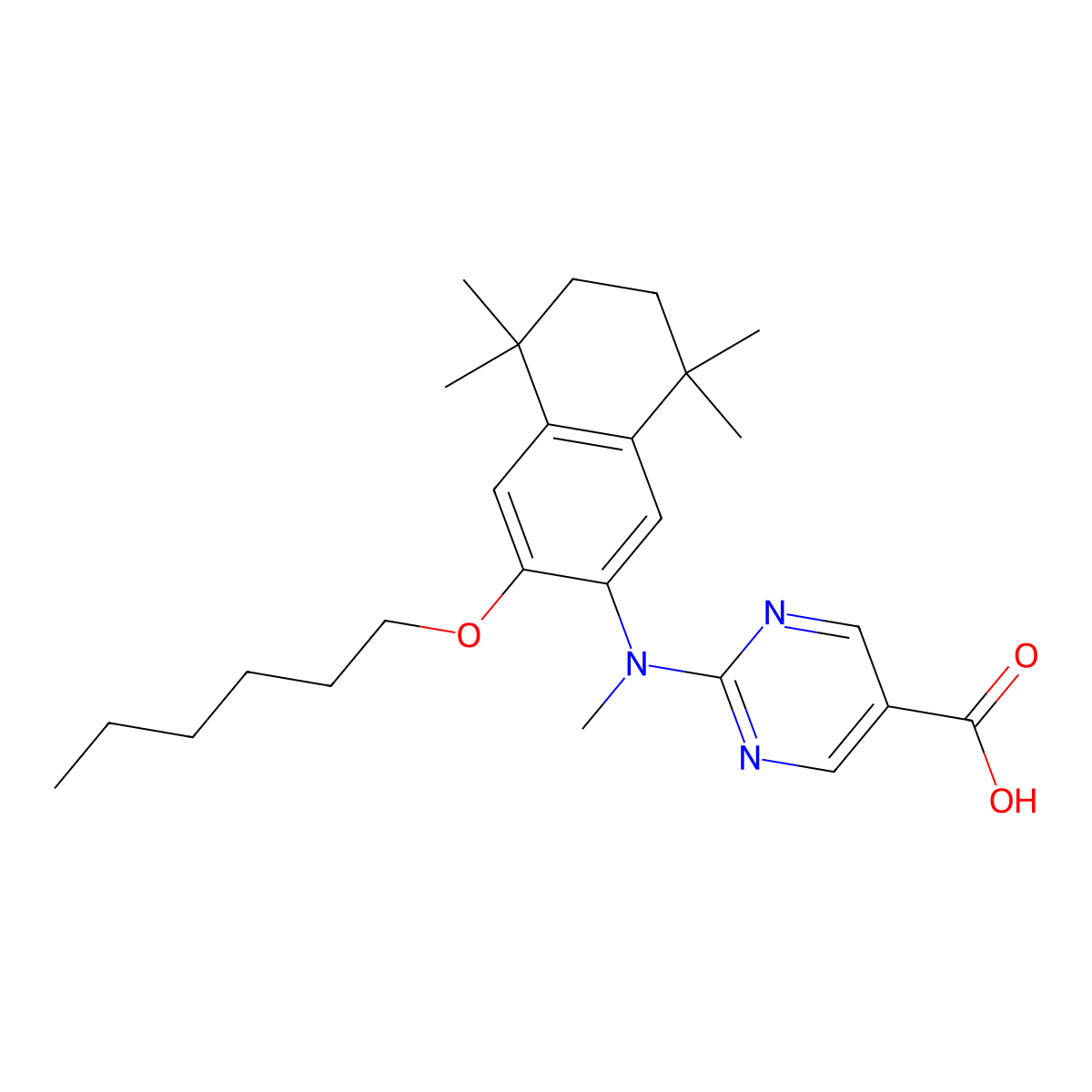 2-((3-(Hexyloxy)-5,5,8,8-tetramethyl-5,6,7,8-tetrahydronaphthalen-2-yl)(methyl)amino)pyrimidine-5-carboxylic acid molecular structure, CAS 457657-34-0