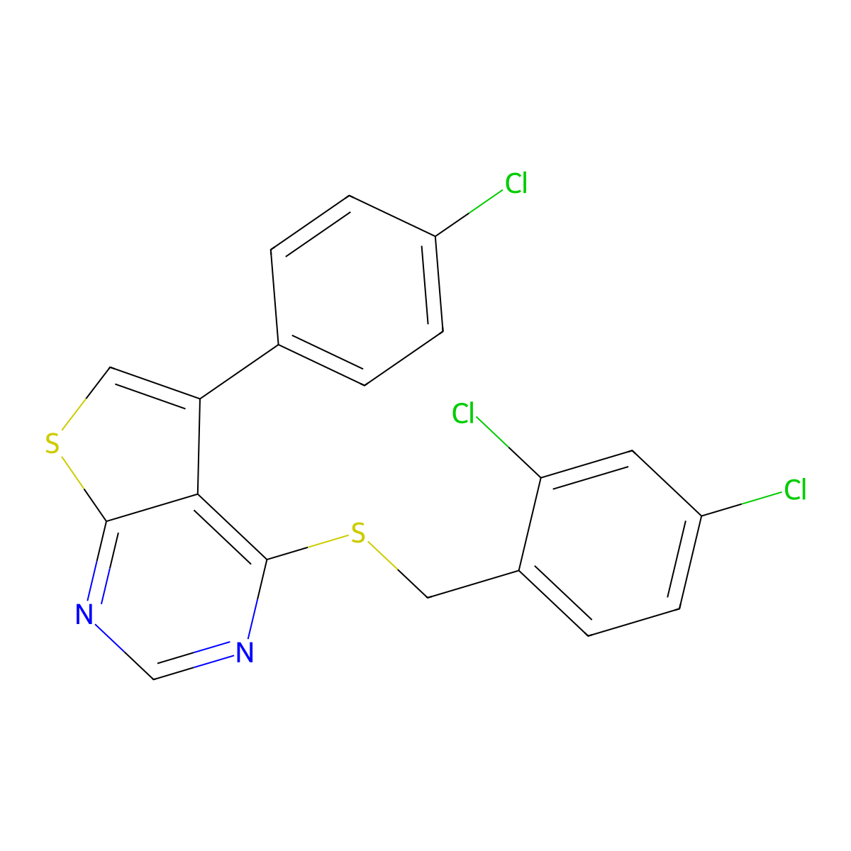 5-(4-Chlorophenyl)-4-[(2,4-dichlorobenzyl)sulfanyl]thieno[2,3-d]pyrimidine molecular structure, CAS 457906-63-7