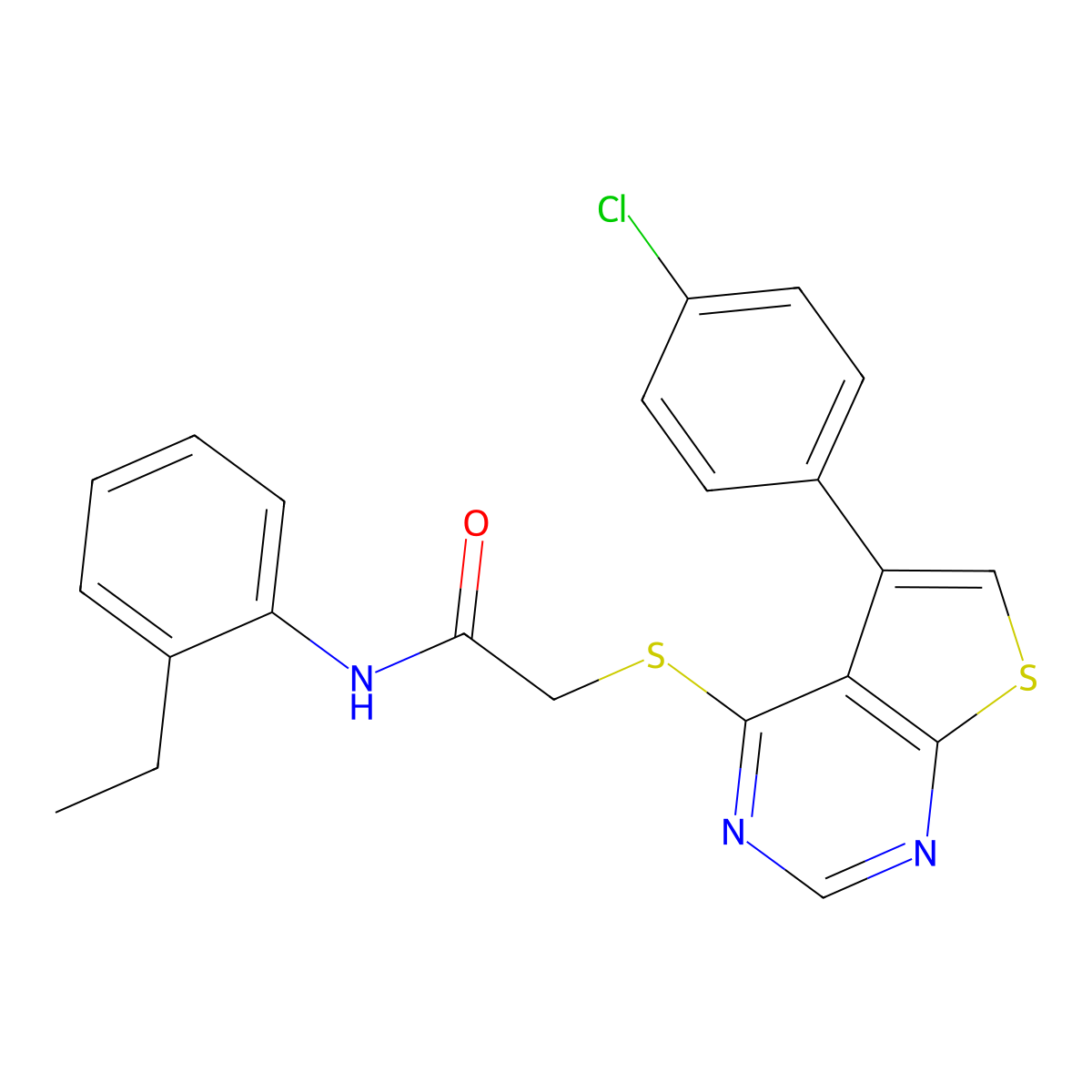 2-[5-(4-chlorophenyl)thiopheno[3,2-e]pyrimidin-4-ylthio]-N-(2-ethylphenyl)acet amide molecular structure, CAS 457906-99-9