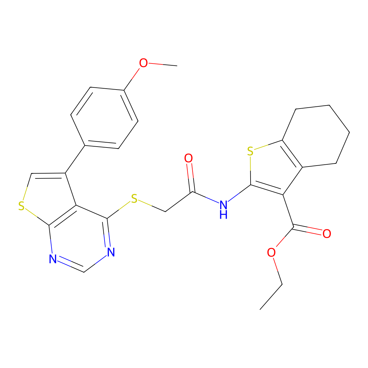 Ethyl 2-(2-((5-(4-methoxyphenyl)thieno[2,3-d]pyrimidin-4-yl)thio)acetamido)-4,5,6,7-tetrahydrobenzo[b]thiophene-3-carboxylate molecular structure, CAS 457909-94-3