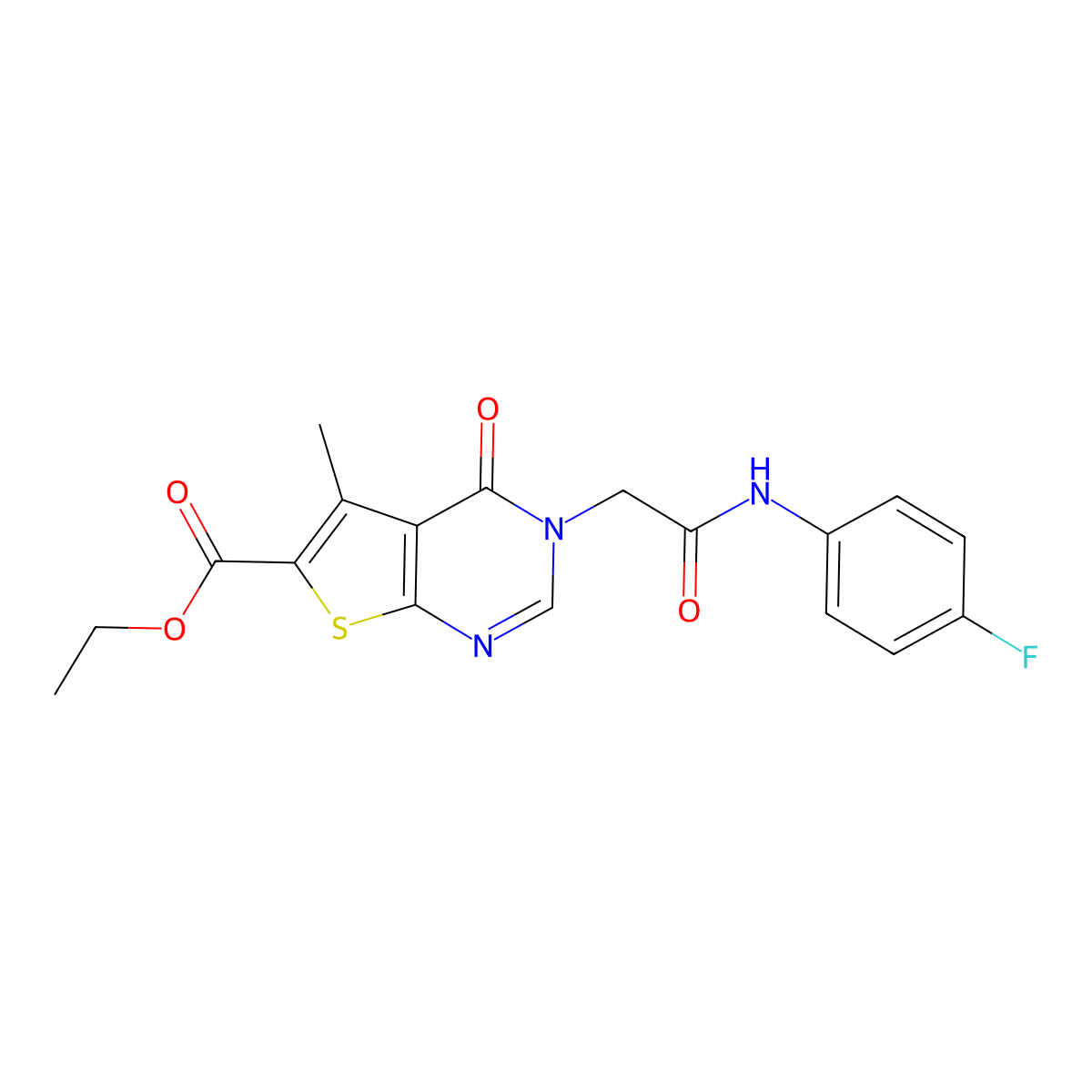 Ethyl 3-[2-(4-fluoroanilino)-2-oxoethyl]-5-methyl-4-oxothieno[2,3-d]pyrimidine-6-carboxylate molecular structure, CAS 457910-56-4