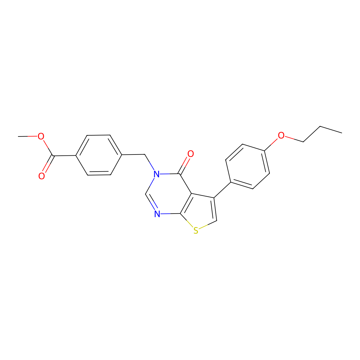 Methyl 4-[[4-oxo-5-(4-propoxyphenyl)thieno[2,3-d]pyrimidin-3-yl]methyl]benzoate molecular structure, CAS 457919-23-2