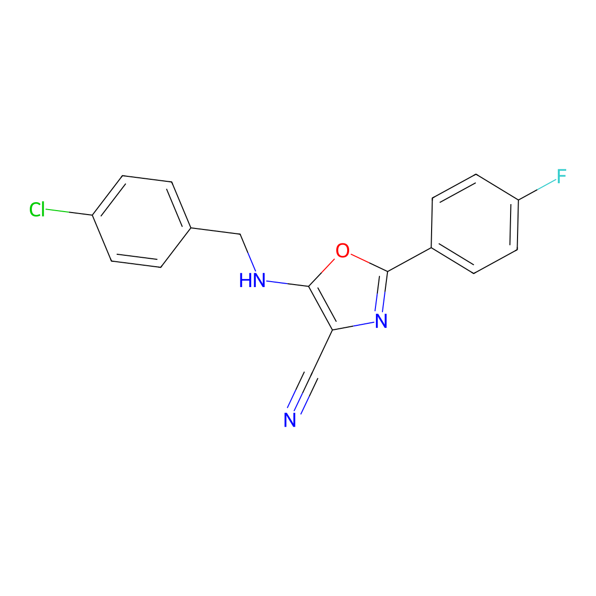 5-[(4-Chlorophenyl)methylamino]-2-(4-fluorophenyl)-1,3-oxazole-4-carbonitrile molecular structure, CAS 457951-83-6