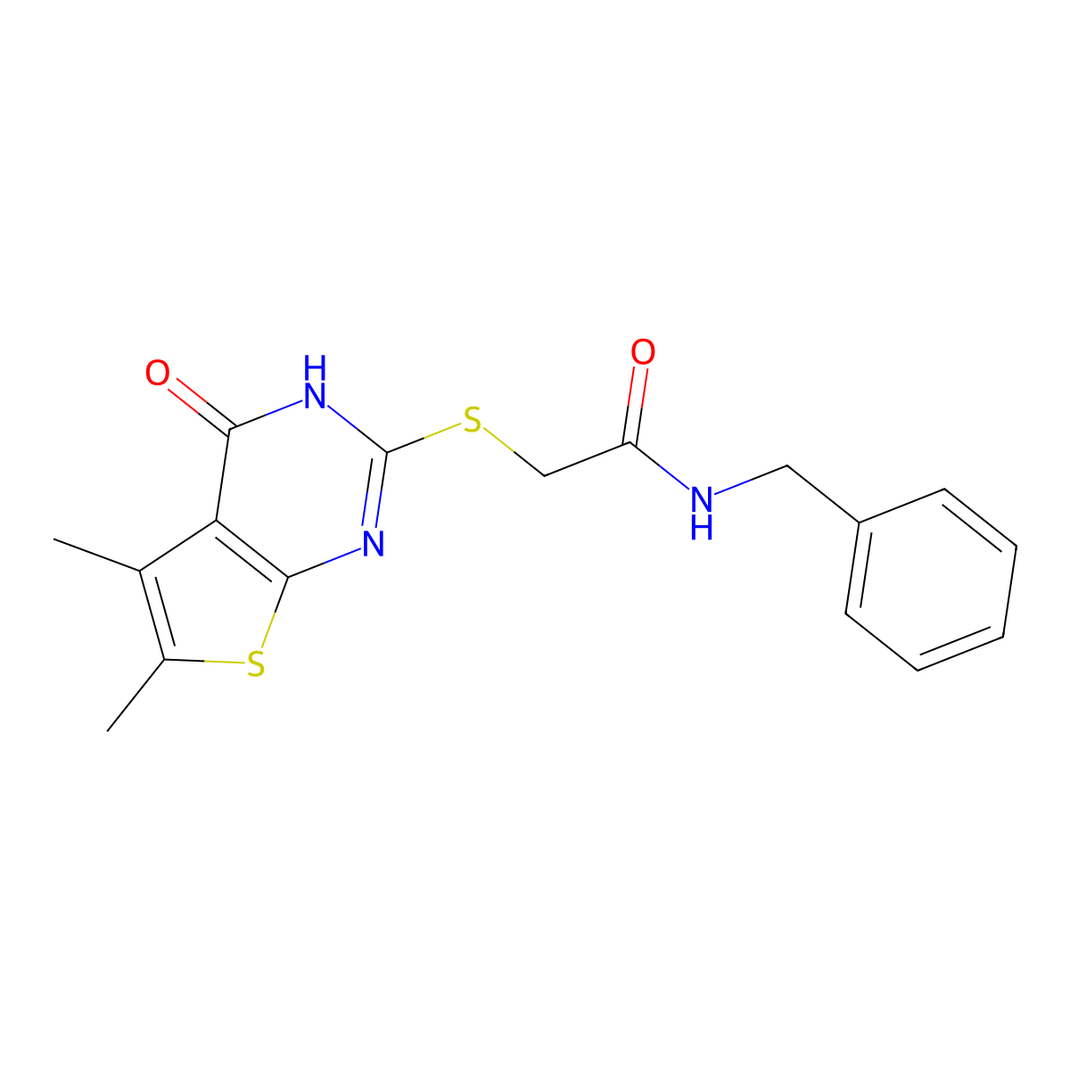 N-benzyl-2-[(5,6-dimethyl-4-oxo-3,4-dihydrothieno[2,3-d]pyrimidin-2-yl)sulfanyl]acetamide molecular structure, CAS 457952-05-5