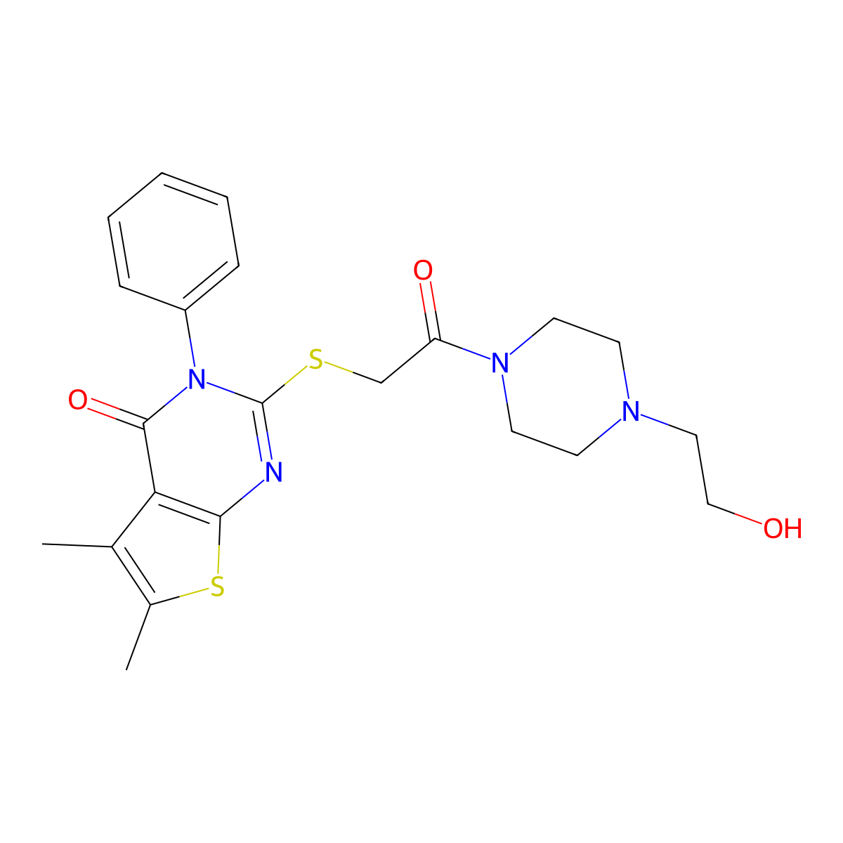 2-((2-(4-(2-hydroxyethyl)piperazin-1-yl)-2-oxoethyl)thio)-5,6-dimethyl-3-phenylthieno[2,3-d]pyrimidin-4(3H)-one molecular structure, CAS 457952-06-6