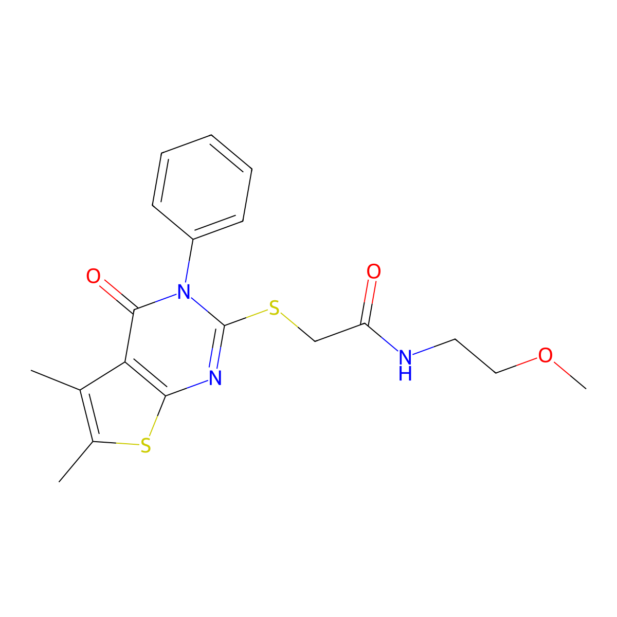 2-((5,6-dimethyl-4-oxo-3-phenyl-3,4-dihydrothieno[2,3-d]pyrimidin-2-yl)thio)-N-(2-methoxyethyl)acetamide molecular structure, CAS 457952-15-7