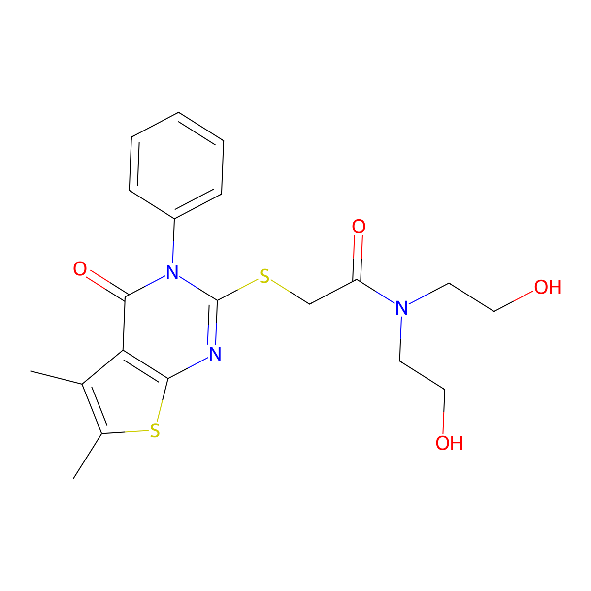 2-(5,6-dimethyl-4-oxo-3-phenylthieno[2,3-d]pyrimidin-2-yl)sulfanyl-N,N-bis(2-hydroxyethyl)acetamide molecular structure, CAS 457952-22-6