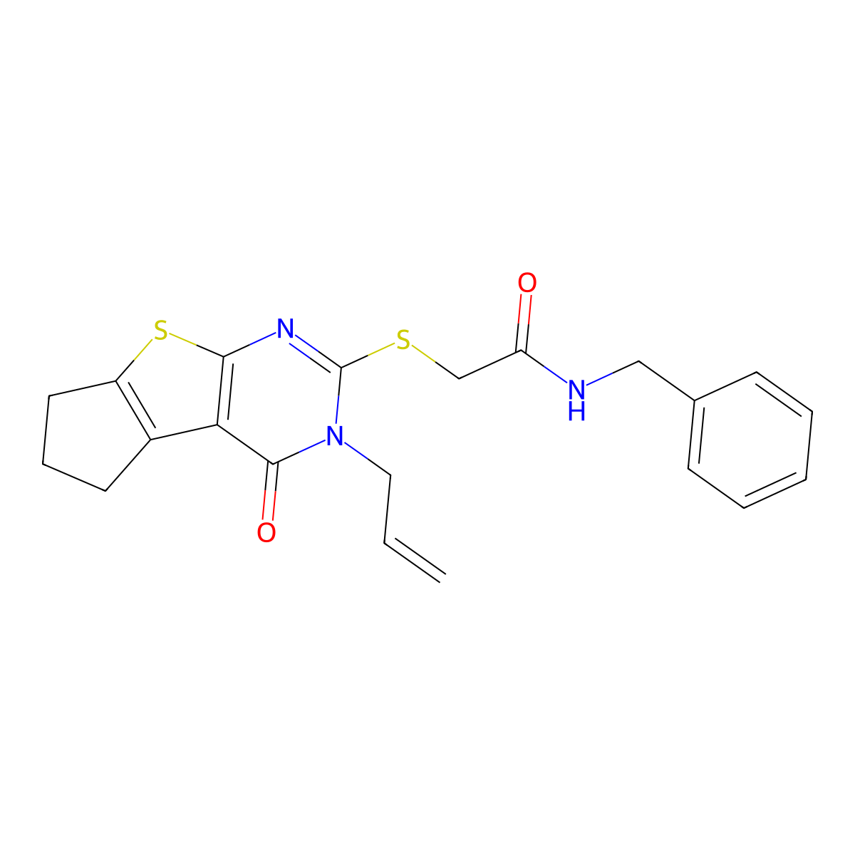 N-benzyl-2-{[12-oxo-11-(prop-2-en-1-yl)-7-thia-9,11-diazatricyclo[6.4.0.0^{2,6}]dodeca-1(8),2(6),9-trien-10-yl]sulfanyl}acetamide molecular structure, CAS 457952-50-0