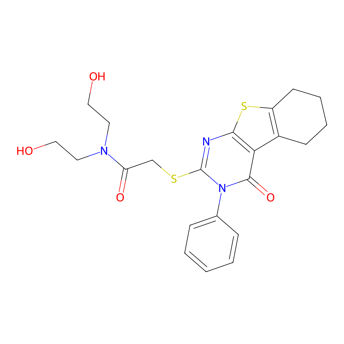 N,N-bis(2-hydroxyethyl)-2-[(4-oxo-3-phenyl-5,6,7,8-tetrahydro-[1]benzothiolo[2,3-d]pyrimidin-2-yl)sulfanyl]acetamide molecular structure, CAS 457952-79-3