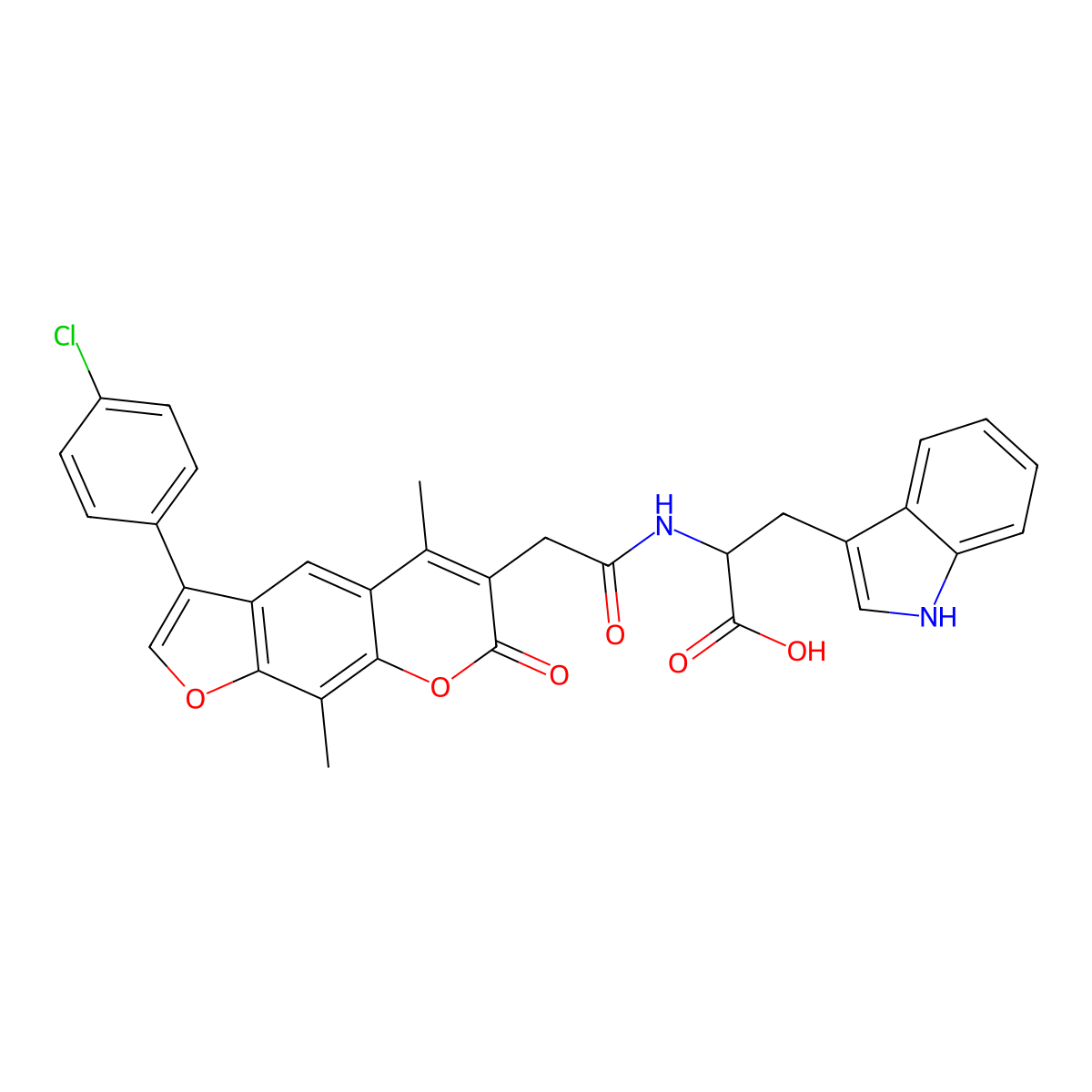 2-[[2-[3-(4-chlorophenyl)-5,9-dimethyl-7-oxofuro[3,2-g]chromen-6-yl]acetyl]amino]-3-(1H-indol-3-yl)propanoic acid molecular structure, CAS 4581-69-5