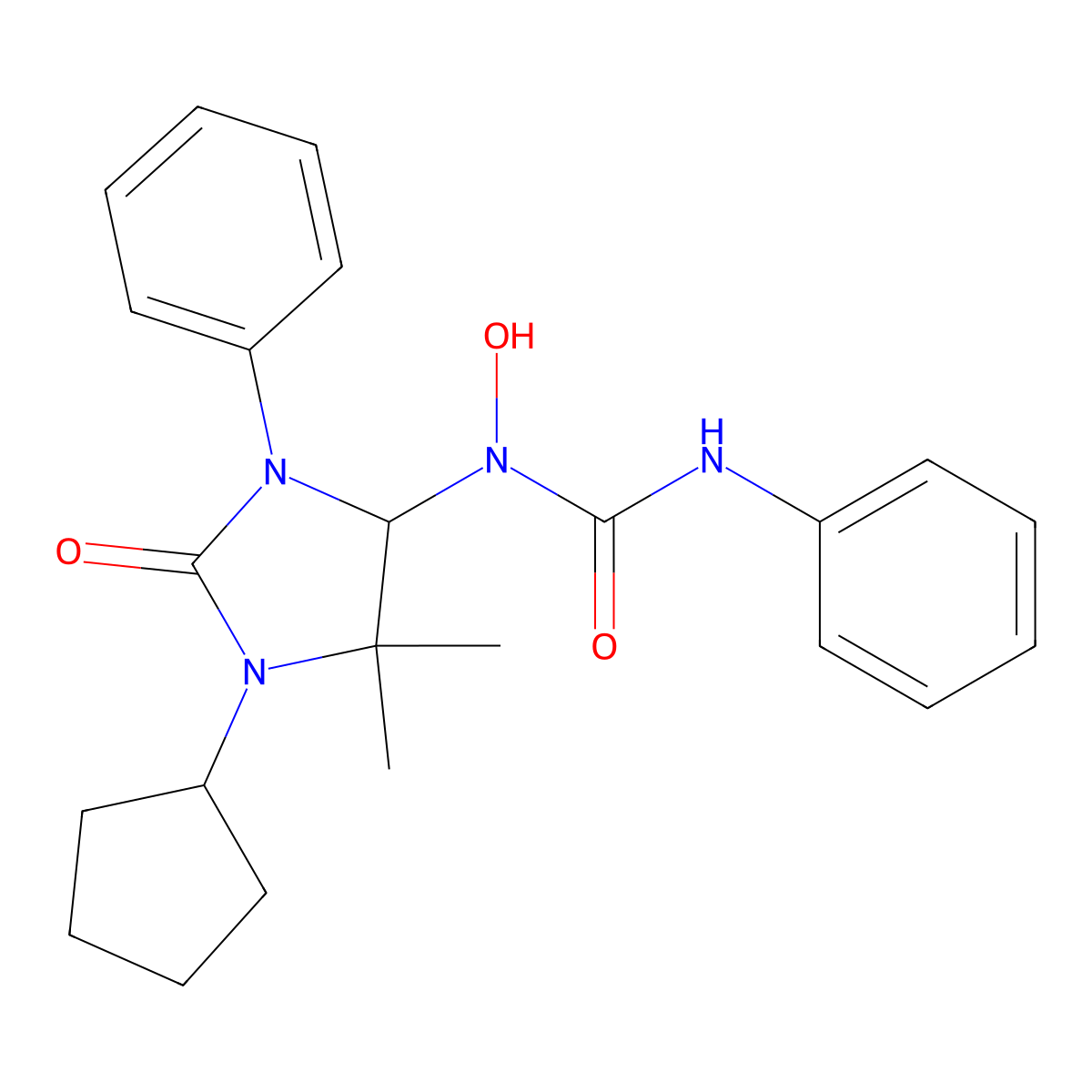 1-(1-Cyclopentyl-5,5-dimethyl-2-oxo-3-phenylimidazolidin-4-yl)-1-hydroxy-3-phenylurea molecular structure, CAS 4583-66-8