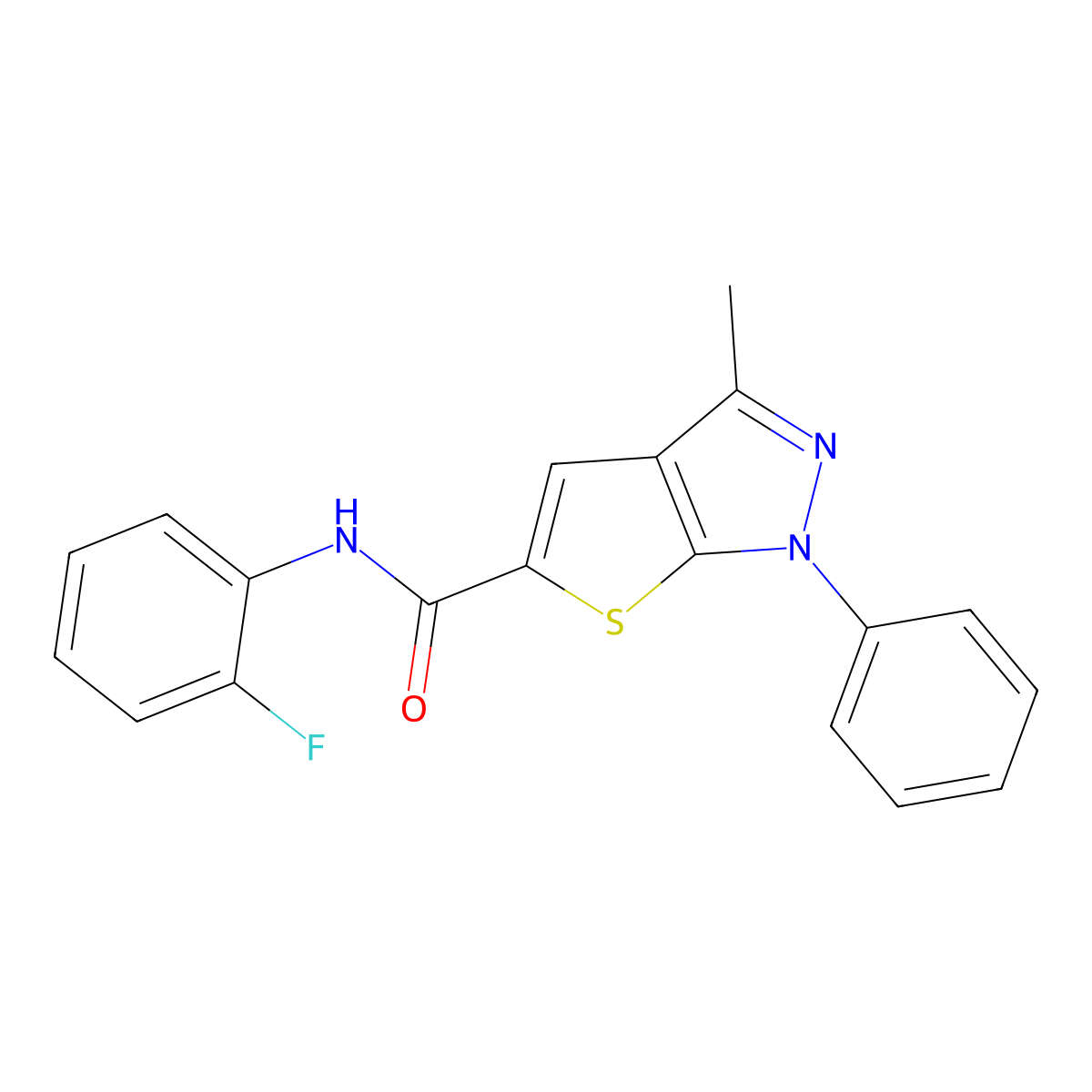 N-(2-fluorophenyl)-3-methyl-1-phenyl-1H-thieno[2,3-c]pyrazole-5-carboxamide molecular structure, CAS 458527-38-3