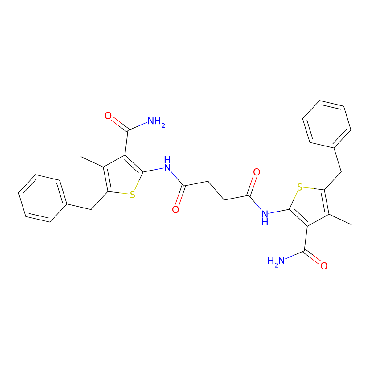 N,N'-bis(5-benzyl-3-carbamoyl-4-methylthiophen-2-yl)butanediamide molecular structure, CAS 458553-35-0
