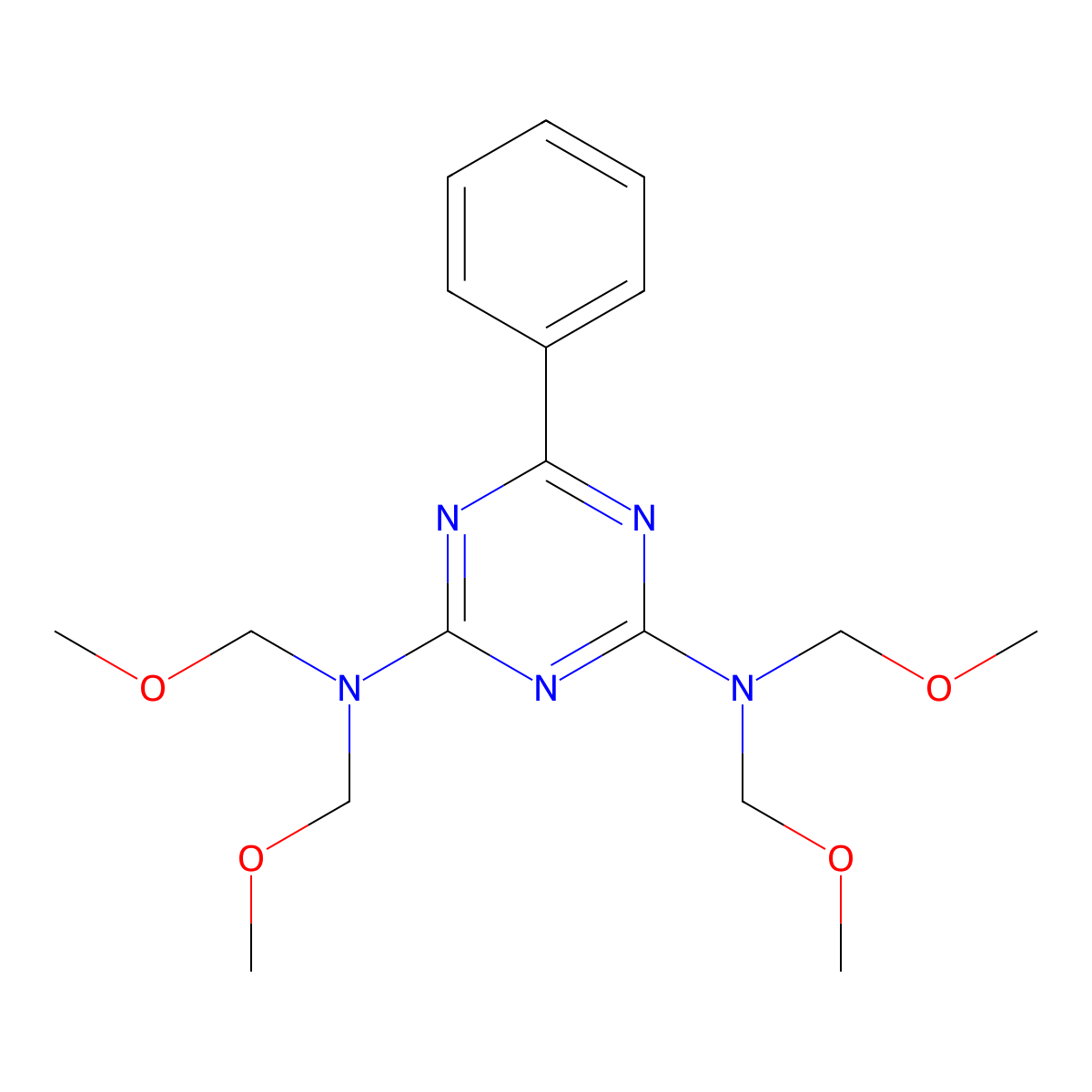 N,N,N',N'-Tetrakis(methoxymethyl)-6-phenyl-1,3,5-triazine-2,4-diamine molecular structure, CAS 4588-69-6