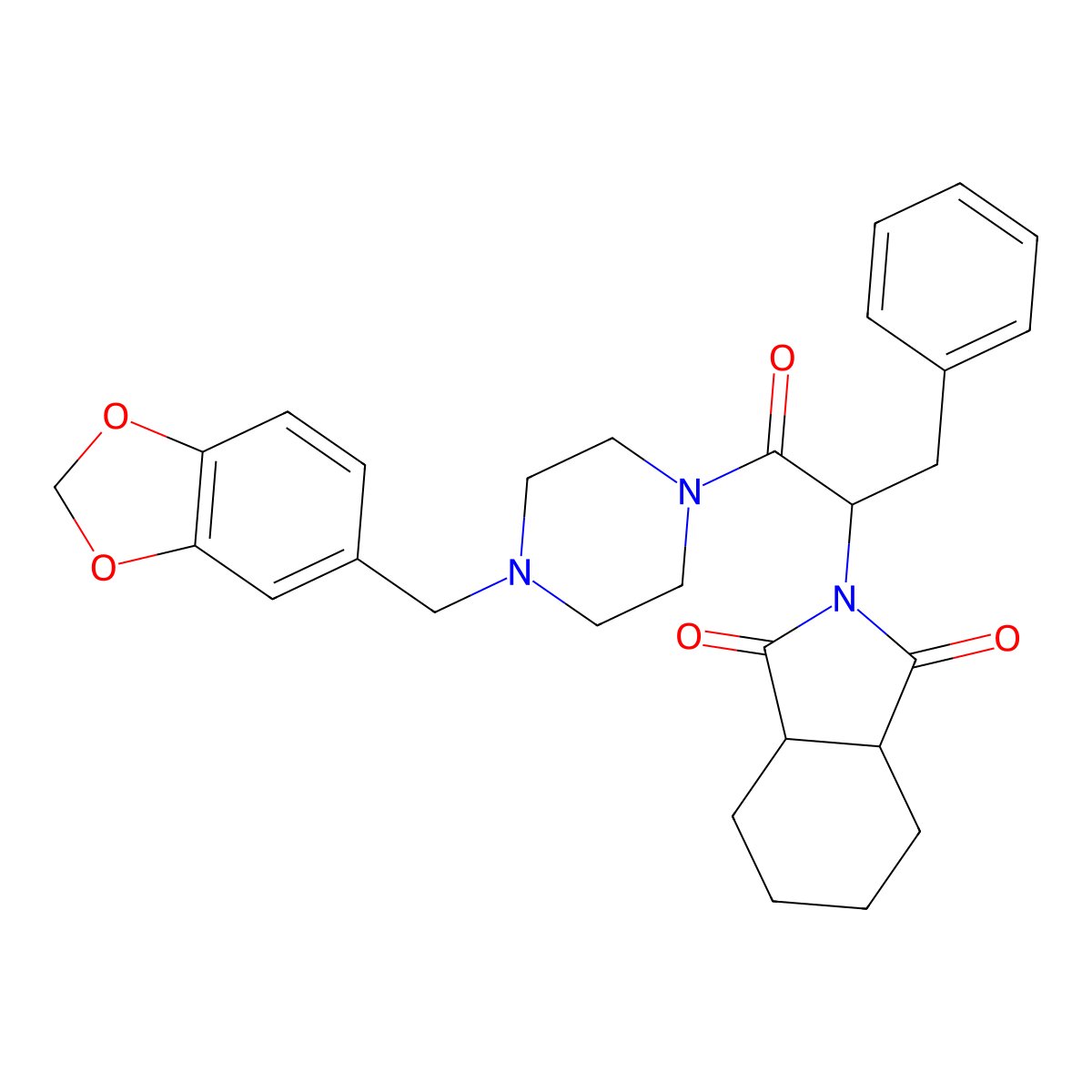 2-{1-[4-(1,3-benzodioxol-5-ylmethyl)piperazin-1-yl]-1-oxo-3-phenylpropan-2-yl}hexahydro-1H-isoindole-1,3(2H)-dione molecular structure, CAS 459147-45-6