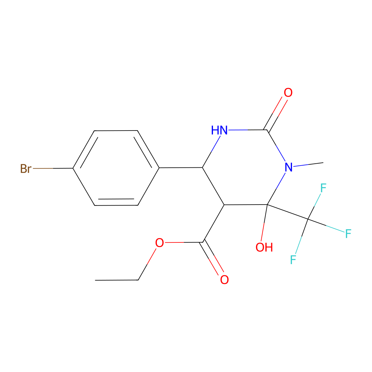 Ethyl 4-(4-bromophenyl)-6-hydroxy-1-methyl-2-oxo-6-(trifluoromethyl)hexahydropyrimidine-5-carboxylate molecular structure, CAS 459150-30-2