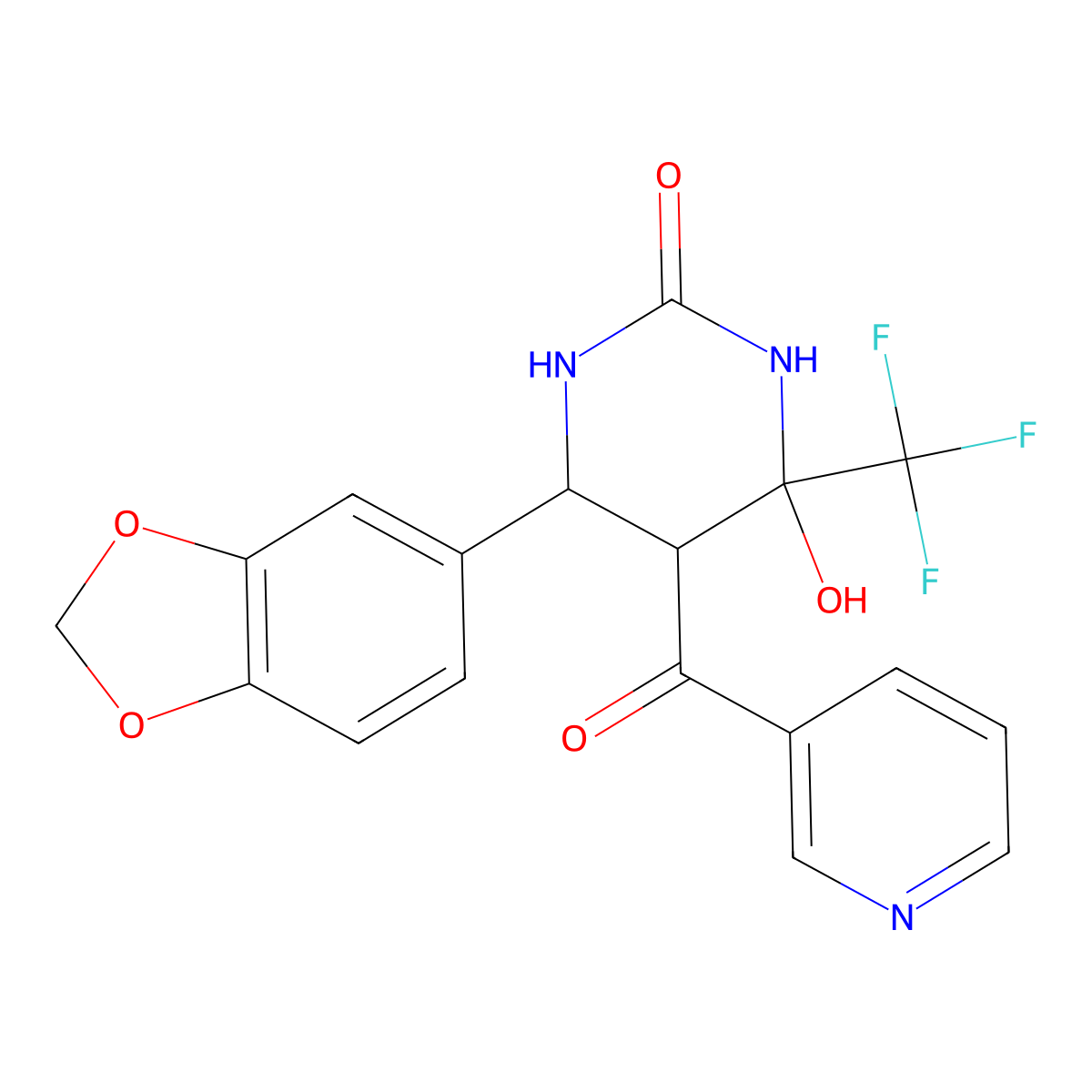 6-(1,3-benzodioxol-5-yl)-4-hydroxy-5-(pyridin-3-ylcarbonyl)-4-(trifluoromethyl)tetrahydropyrimidin-2(1H)-one molecular structure, CAS 459150-76-6