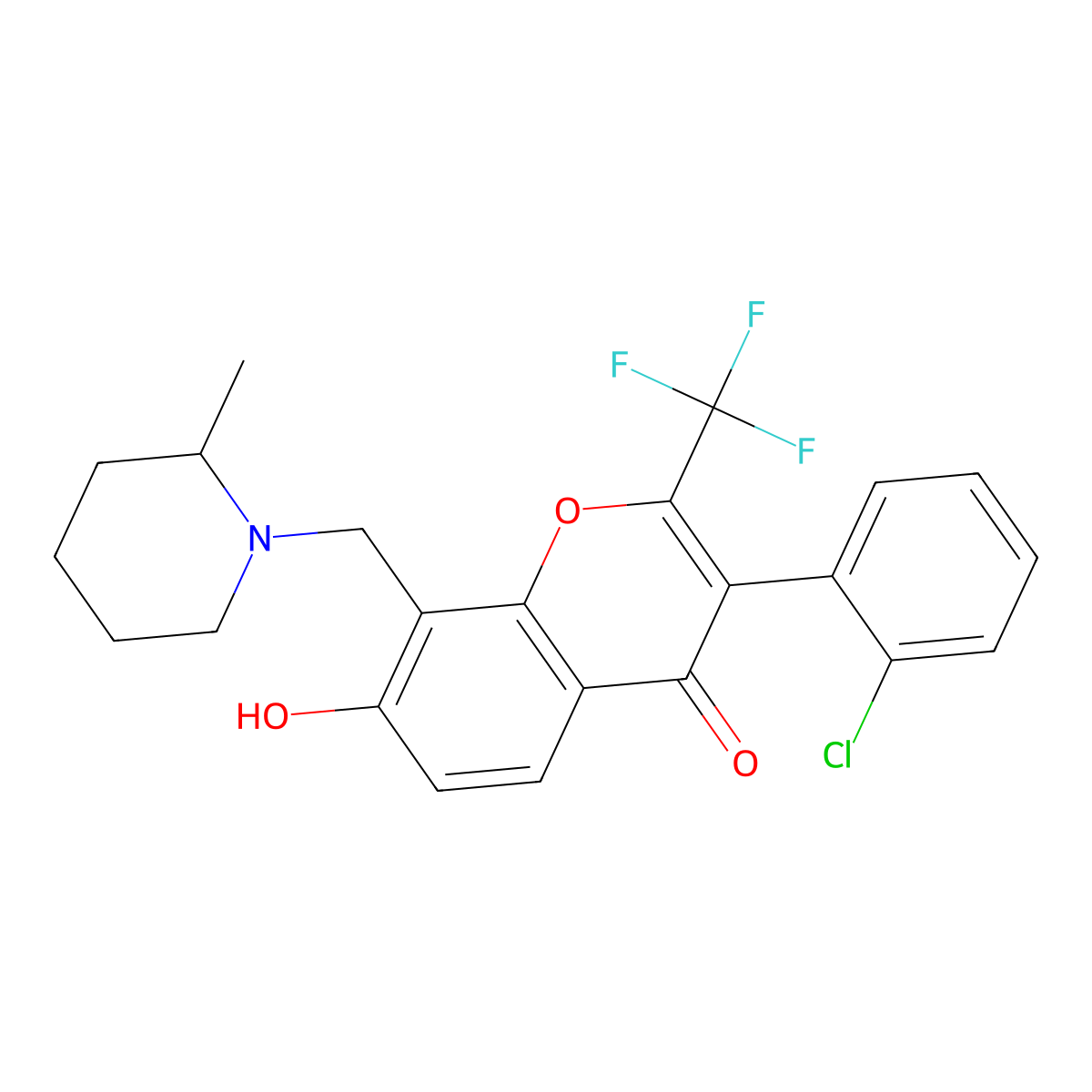 3-(2-chlorophenyl)-7-hydroxy-8-[(2-methyl-1-piperidinyl)methyl]-2-(trifluoromethyl)-4H-chromen-4-one molecular structure, CAS 459152-48-8