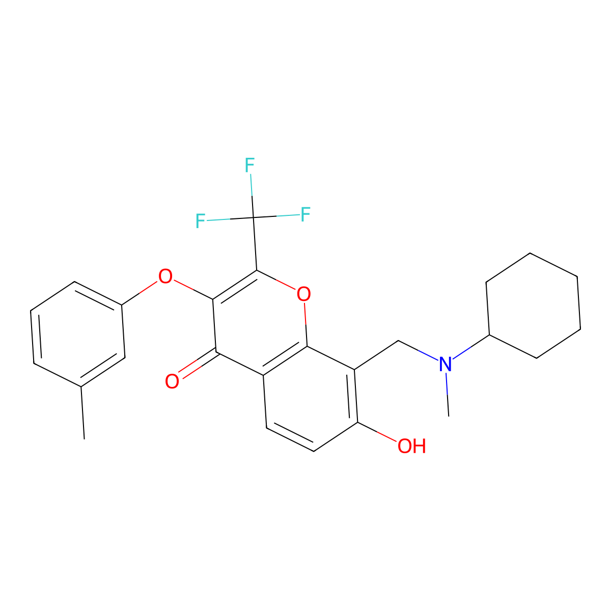 8-{[cyclohexyl(methyl)amino]methyl}-7-hydroxy-3-(3-methylphenoxy)-2-(trifluoromethyl)-4H-chromen-4-one molecular structure, CAS 459152-63-7