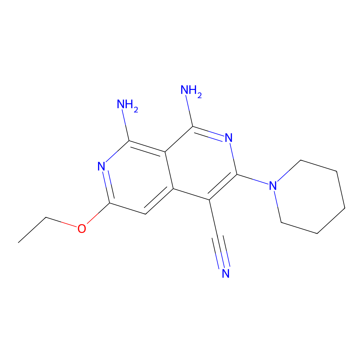 1,8-Diamino-6-ethoxy-3-piperidin-1-yl-2,7-naphthyridine-4-carbonitrile molecular structure, CAS 459153-42-5