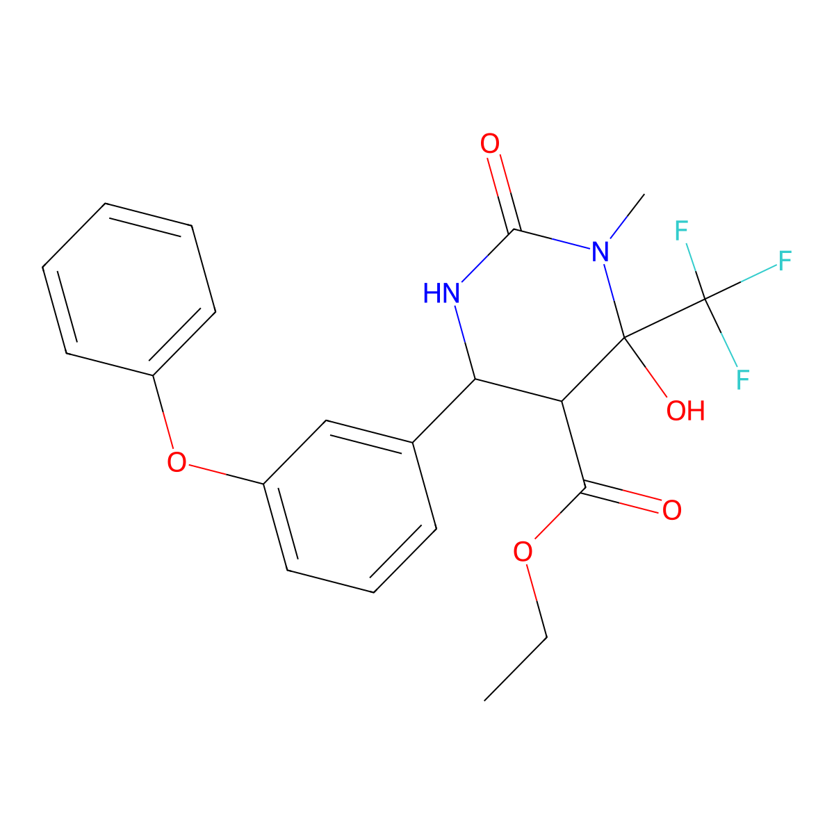 Ethyl 6-hydroxy-1-methyl-2-oxo-4-(3-phenoxyphenyl)-6-(trifluoromethyl)hexahydropyrimidine-5-carboxylate molecular structure, CAS 459153-62-9
