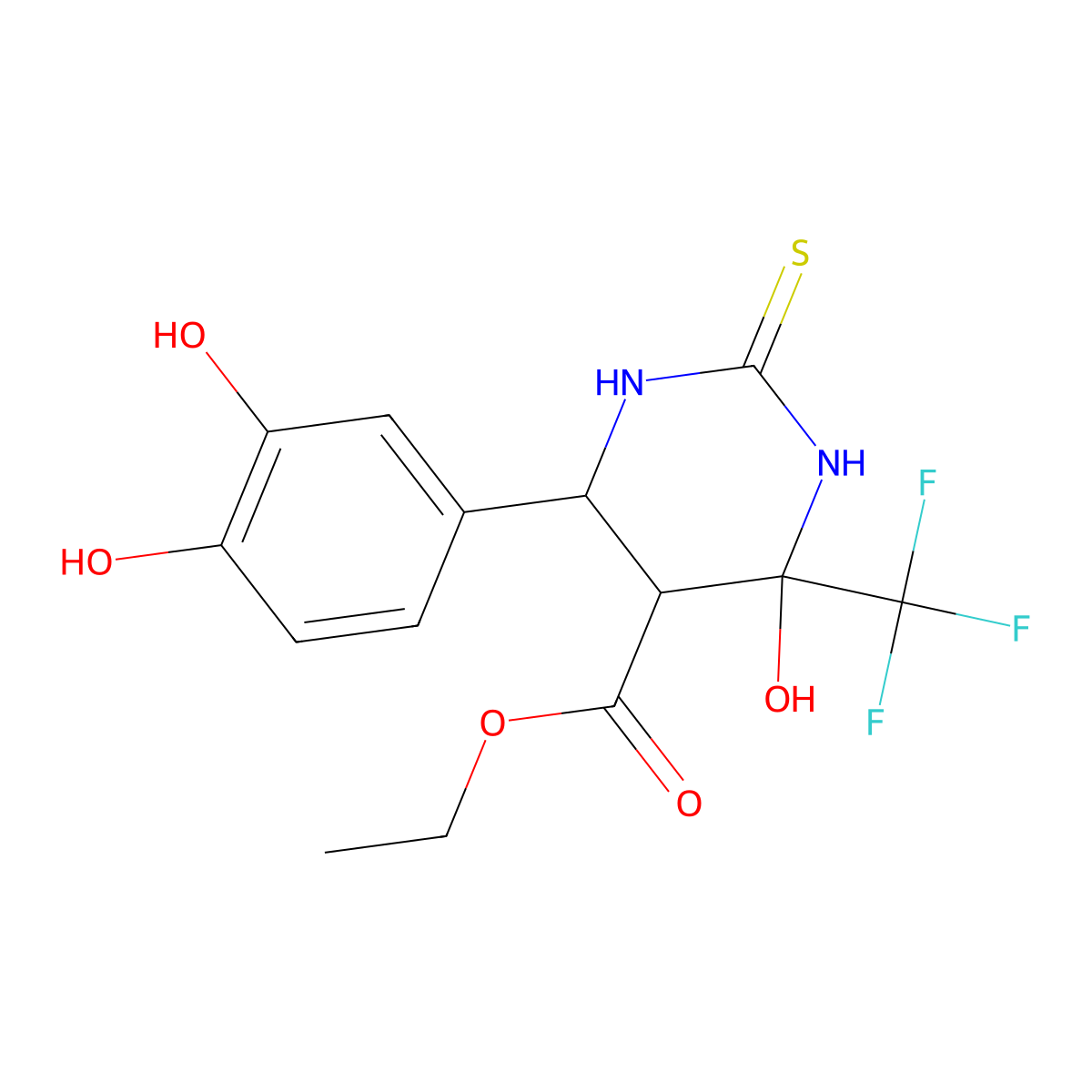 Ethyl 6-(3,4-dihydroxyphenyl)-4-hydroxy-2-thioxo-4-(trifluoromethyl)hexahydropyrimidine-5-carboxylate molecular structure, CAS 459153-73-2