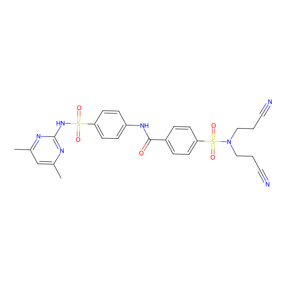 4-(N,N-bis(2-cyanoethyl)sulfamoyl)-N-(4-(N-(4,6-dimethylpyrimidin-2-yl)sulfamoyl)phenyl)benzamide molecular structure, CAS 459154-58-6