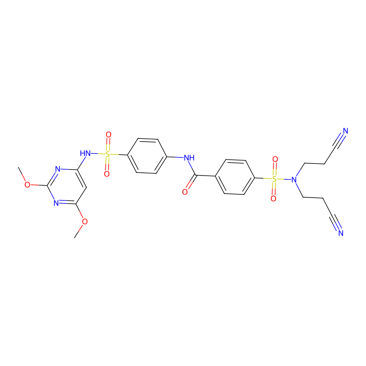 4-(N,N-bis(2-cyanoethyl)sulfamoyl)-N-(4-(N-(2,6-dimethoxypyrimidin-4-yl)sulfamoyl)phenyl)benzamide molecular structure, CAS 459154-61-1