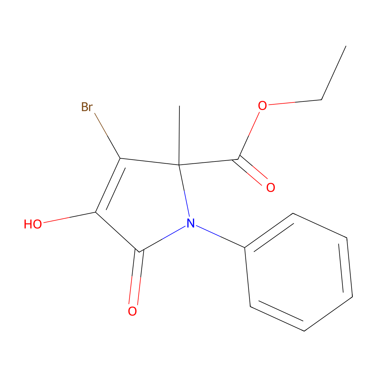 Ethyl 3-bromo-4-hydroxy-2-methyl-5-oxo-1-phenylpyrrole-2-carboxylate molecular structure, CAS 459155-04-5