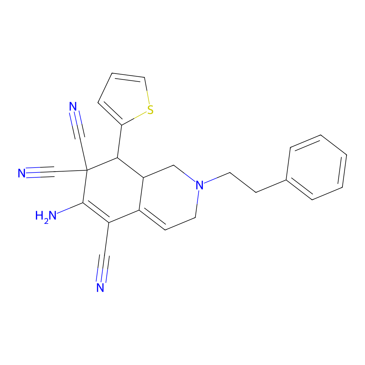 6-amino-2-(2-phenylethyl)-8-(2-thienyl)-2,3,8,8a-tetrahydro-5,7,7(1H)-isoquinolinetricarbonitrile molecular structure, CAS 459155-25-0
